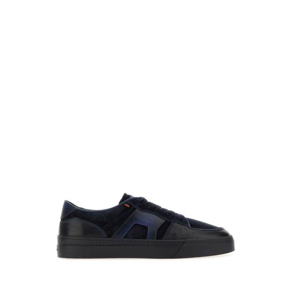 Santoni Men Blue Leather And Suede Sport Sneakers